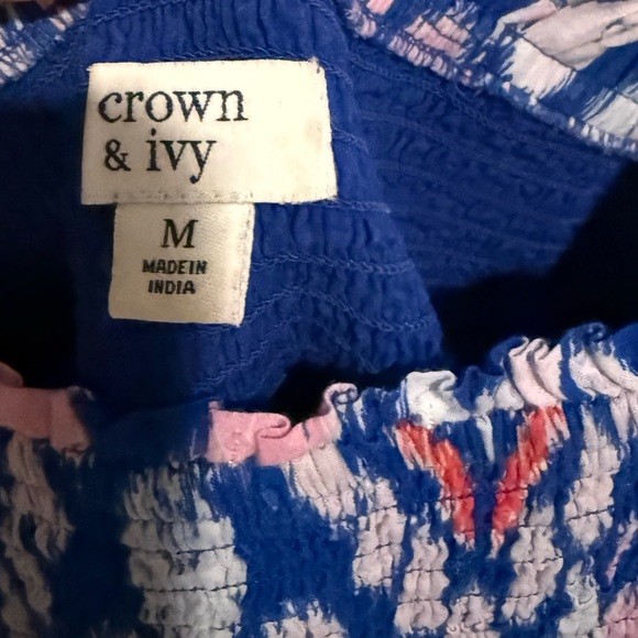 Crown & Ivy Tiered Maxi Dress Blue Pink Ikat Sz Medium Tie Strap Vacation Outift - Picture 7 of 11